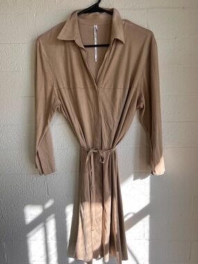 Light Beige Midi Shirt Dress with Tie Waist
